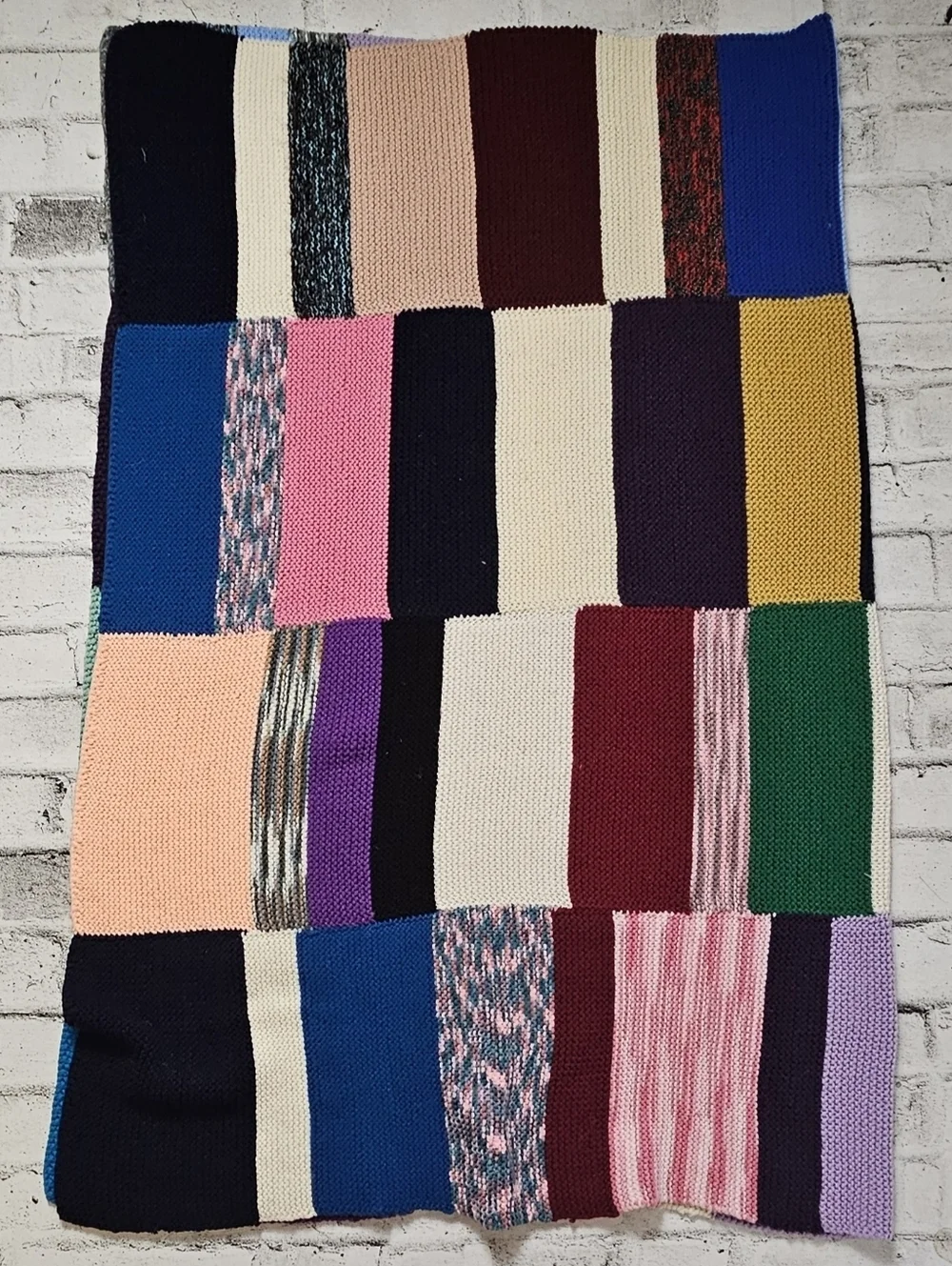 Hand Knit Patchwork Throw Blanket 52x69 Colorblock Boho Vintage Style